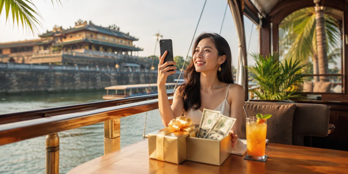 Người dùng truy cập nk8 trên điện thoại tại quán cà phê Huế